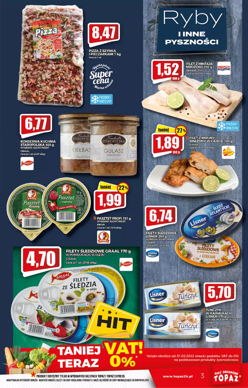 Gazetka promocyjna Topaz - Gazetka - ważna 17.02 do 23.02.2022 - strona 3 - produkty: Gra, Graal, Kawa, Kuchnia, Mintaj, Olej, Pasztet, Piec, Pieczarka, Pizza, Ser, Sok, Top