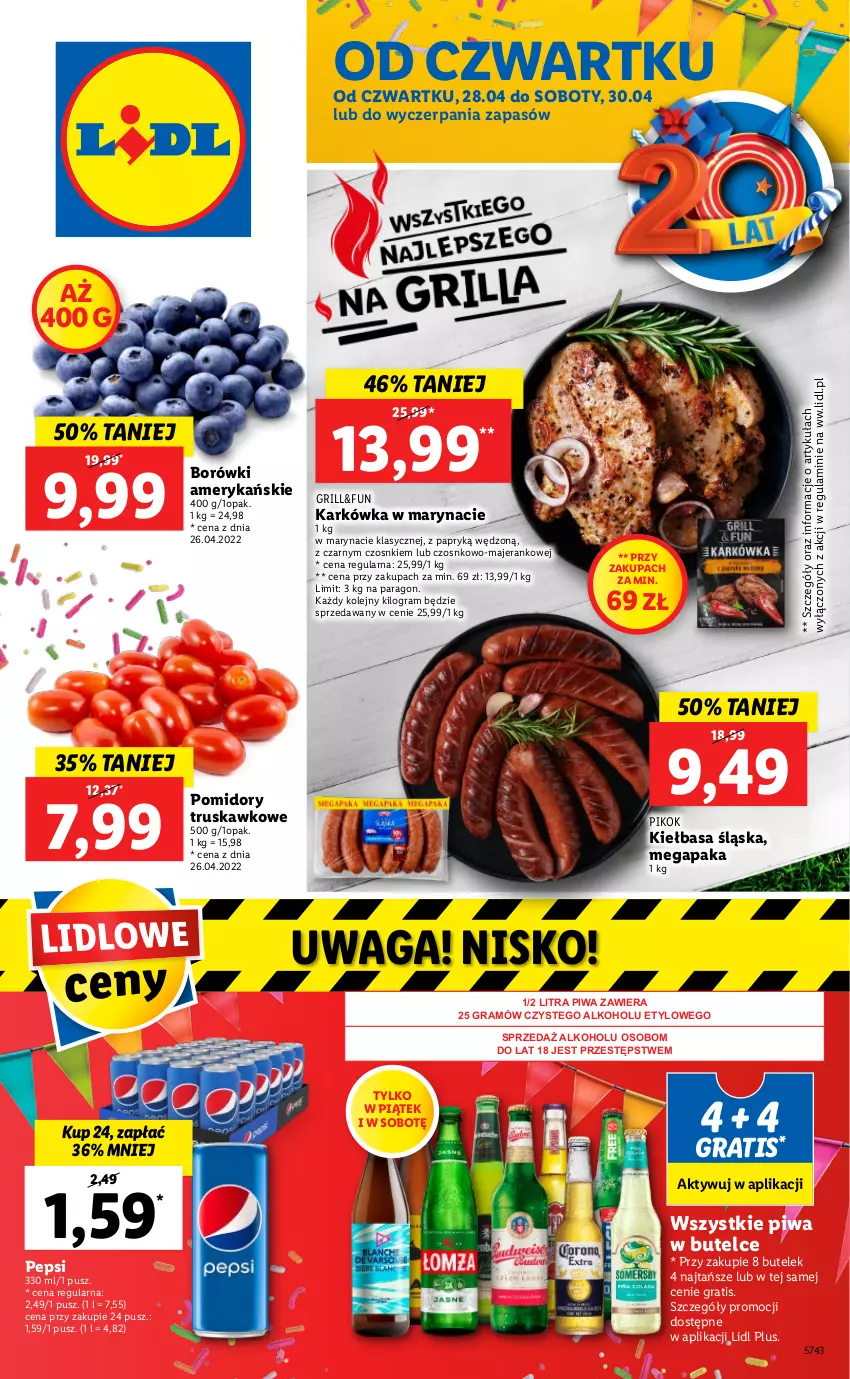 Gazetka promocyjna Lidl - Majówka - ważna 28.04 do 30.04.2022 - strona 1 - produkty: Gra, Grill, Kiełbasa, Kiełbasa śląska, Olej, Pepsi, PIKOK, Piwa, Pomidory, Waga