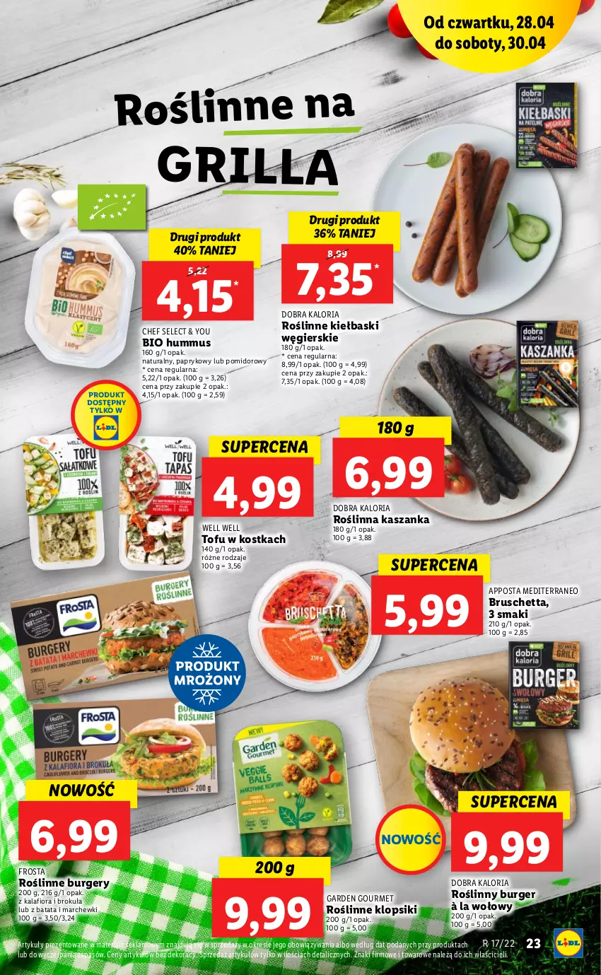 Gazetka promocyjna Lidl - Majówka - ważna 28.04 do 30.04.2022 - strona 23 - produkty: Burger, Frosta, Grill, Hummus, Kalafior, Kasza, Kaszanka, Klopsiki, Mus, Roślinne kiełbaski, Roślinny burger, Tofu