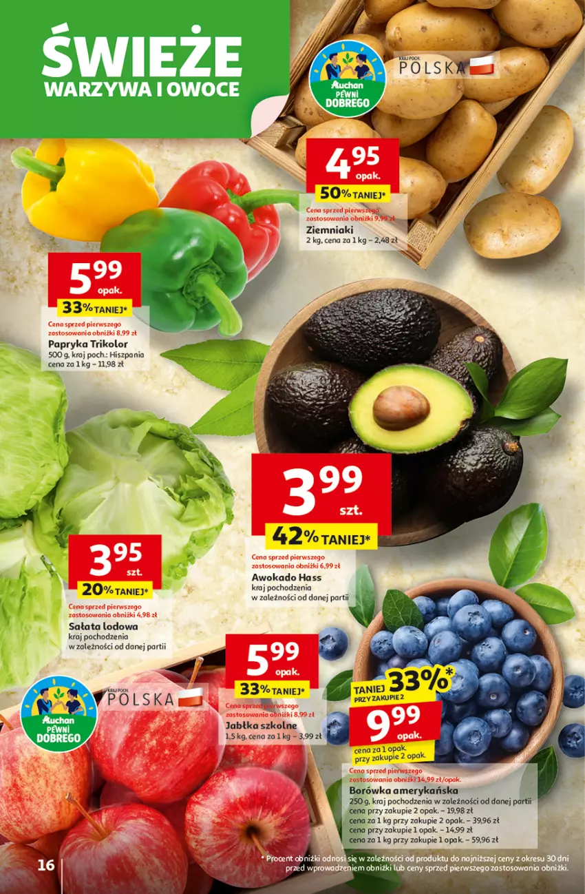 Gazetka promocyjna Auchan - Pewność niskich cen Hipermarket - ważna 30.10 do 05.11.2025 - strona 16 - produkty: Borówka, Borówka amerykańska, Jabłka, Papryka, Sałat, Sałata lodowa, Ziemniaki