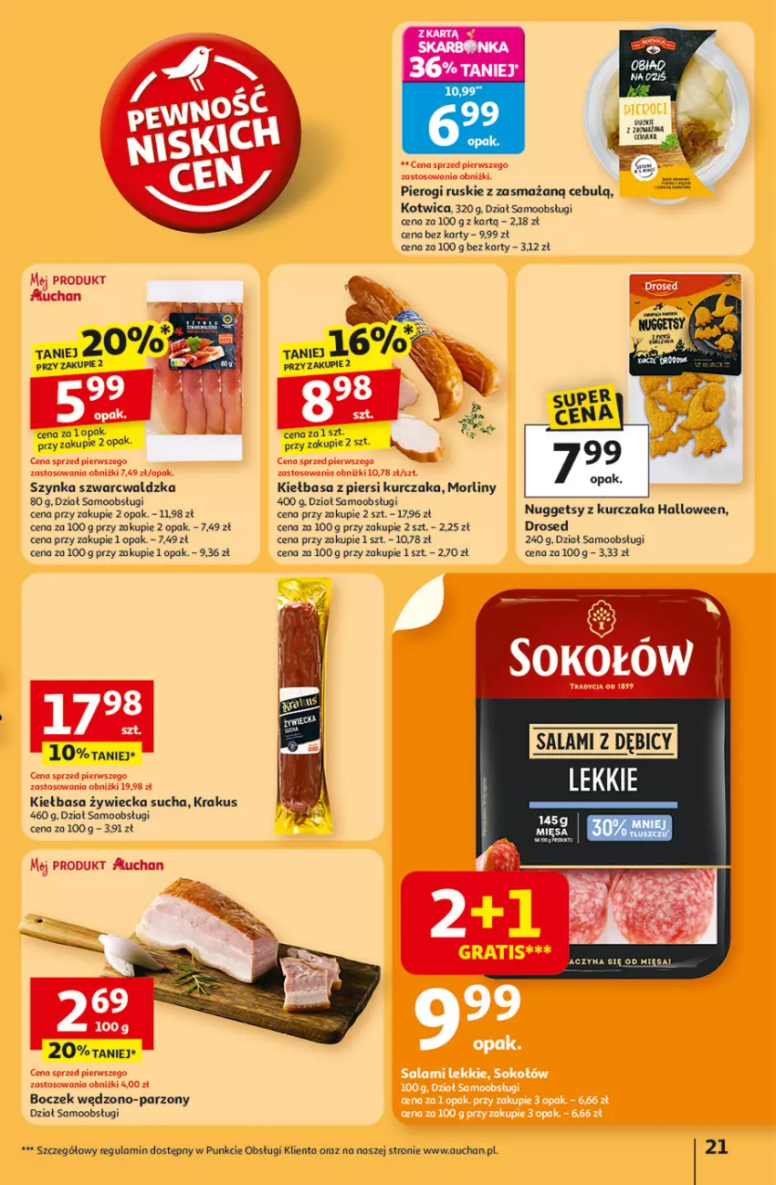 Gazetka promocyjna Auchan - Pewność niskich cen Hipermarket - ważna 30.10 do 05.11.2025 - strona 21 - produkty: BIC, Boczek, Gra, Kiełbasa, Kiełbasa z piersi kurczaka, Krakus, Kurczak, Morliny, Pierogi, Salami, Sok, Sokołów, Szynka
