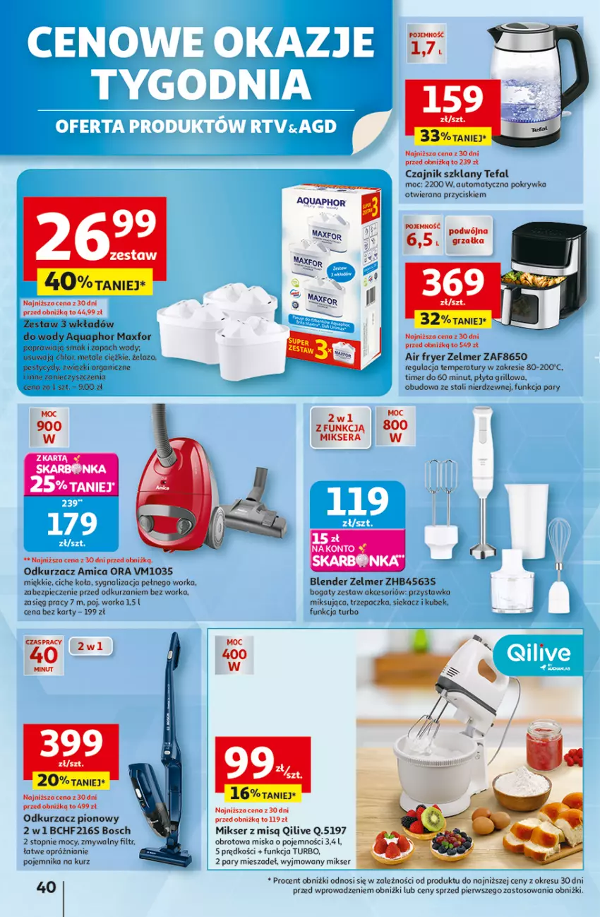 Gazetka promocyjna Auchan - Pewność niskich cen Hipermarket - ważna 30.10 do 05.11.2025 - strona 40 - produkty: Amica, Aquaphor, Blender, Bosch, Czajnik, Fa, Grill, Grzałka, Kubek, Mikser, Mikser z misą, Miska, Odkurzacz, Orka, Piec, Płyta, Pojemnik, Ser, Tefal, Top, Trzepaczka, Warka, Zelmer