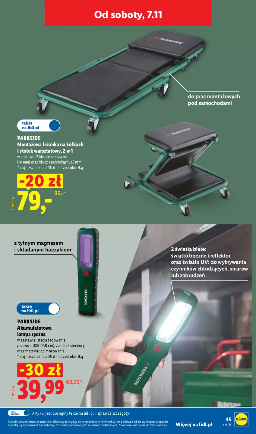 Gazetka promocyjna Lidl - Katalog - ważna 02.11 do 08.11.2026 - strona 55 - produkty: Akumulator, Haczyk, Lampa, Leżanka, Parkside, Przewód, Reflektor, Stołek