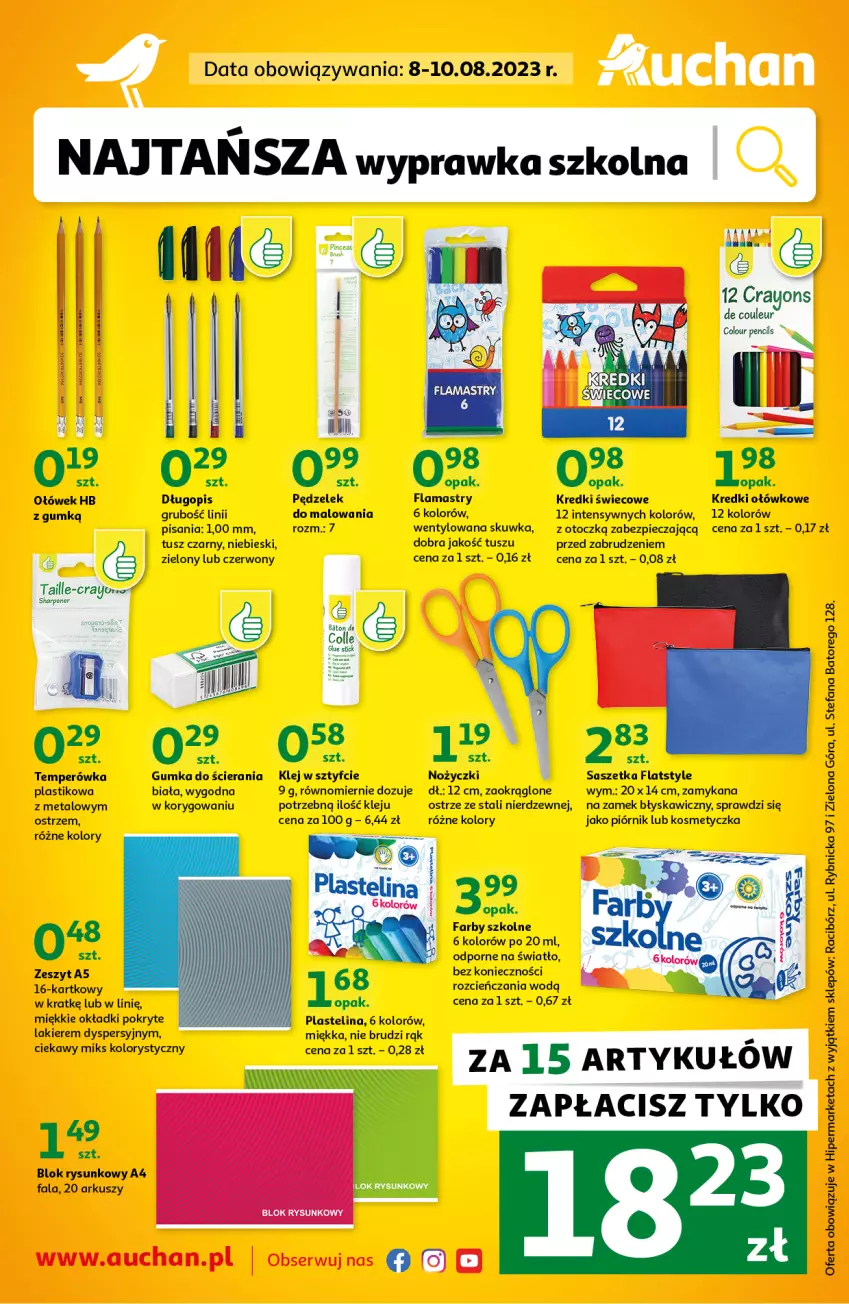 Gazetka promocyjna Auchan - Gazetka wyprawka szkolna Hipermarkety - ważna 08.08 do 10.08.2023 - strona 1 - produkty: Cień, Długopis, Fa, Flamastry, Klej, Kosmetyczka, Lakier, Noż, Nożyczki, Piec, Piórnik, Plastelina, Por, Ser, Tusz