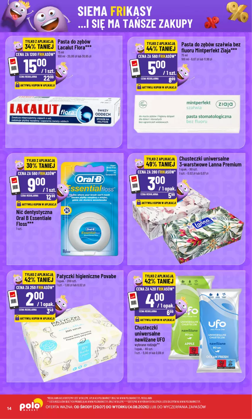 Gazetka promocyjna PoloMarket - Katalog Frikasy - ważna 29.07 do 04.08.2026 - strona 14 - produkty: Chusteczki, Fa, Flora, Lacalut, Nić dentystyczna, Oral B, Pasta do zębów, Szczoteczka, Ziaja