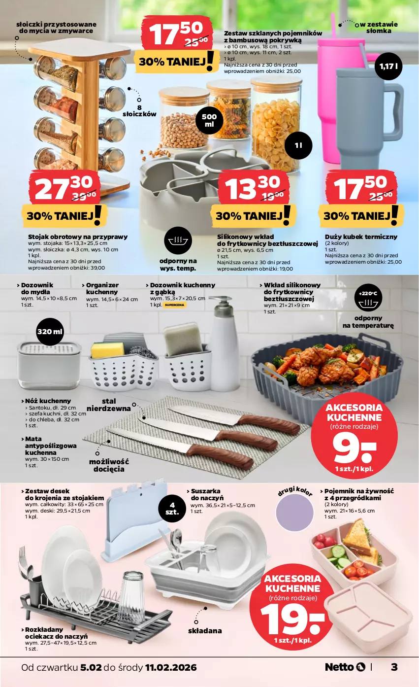 Gazetka promocyjna Netto - Od Czwartku - ważna 05.02 do 11.02.2026 - strona 3 - produkty: Chleb, Dozownik, Fa, Kubek, Kubek termiczny, Ociekacz, Organizer, Pojemnik, Por, Przyprawy, Słoiczki, Stojak, Suszarka