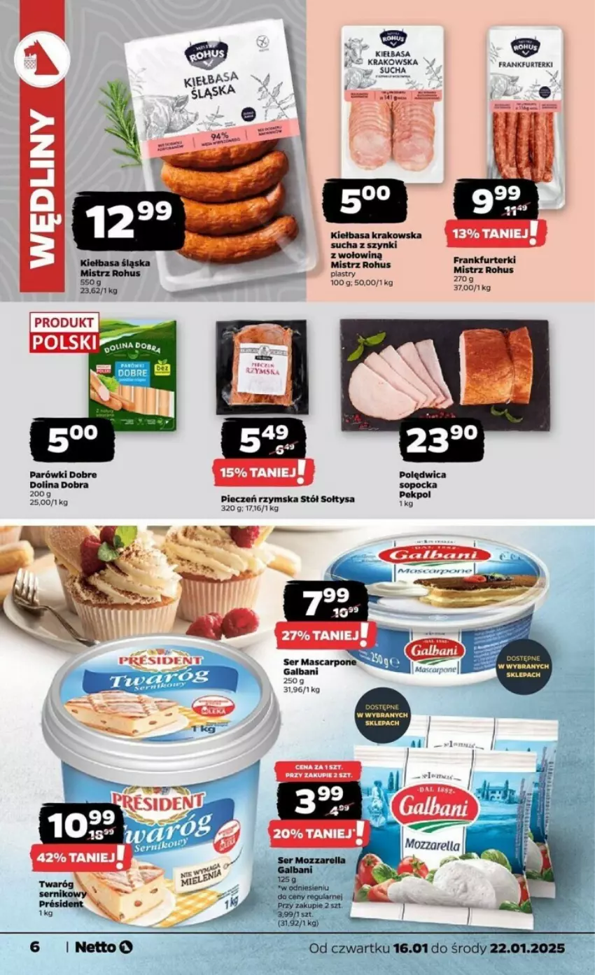 Gazetka promocyjna Netto - ważna 16.01 do 22.01.2025 - strona 15 - produkty: Frankfurterki, Galbani, Kiełbasa, Kiełbasa krakowska, Parówki, Piec, Pieczeń rzymska, Stół