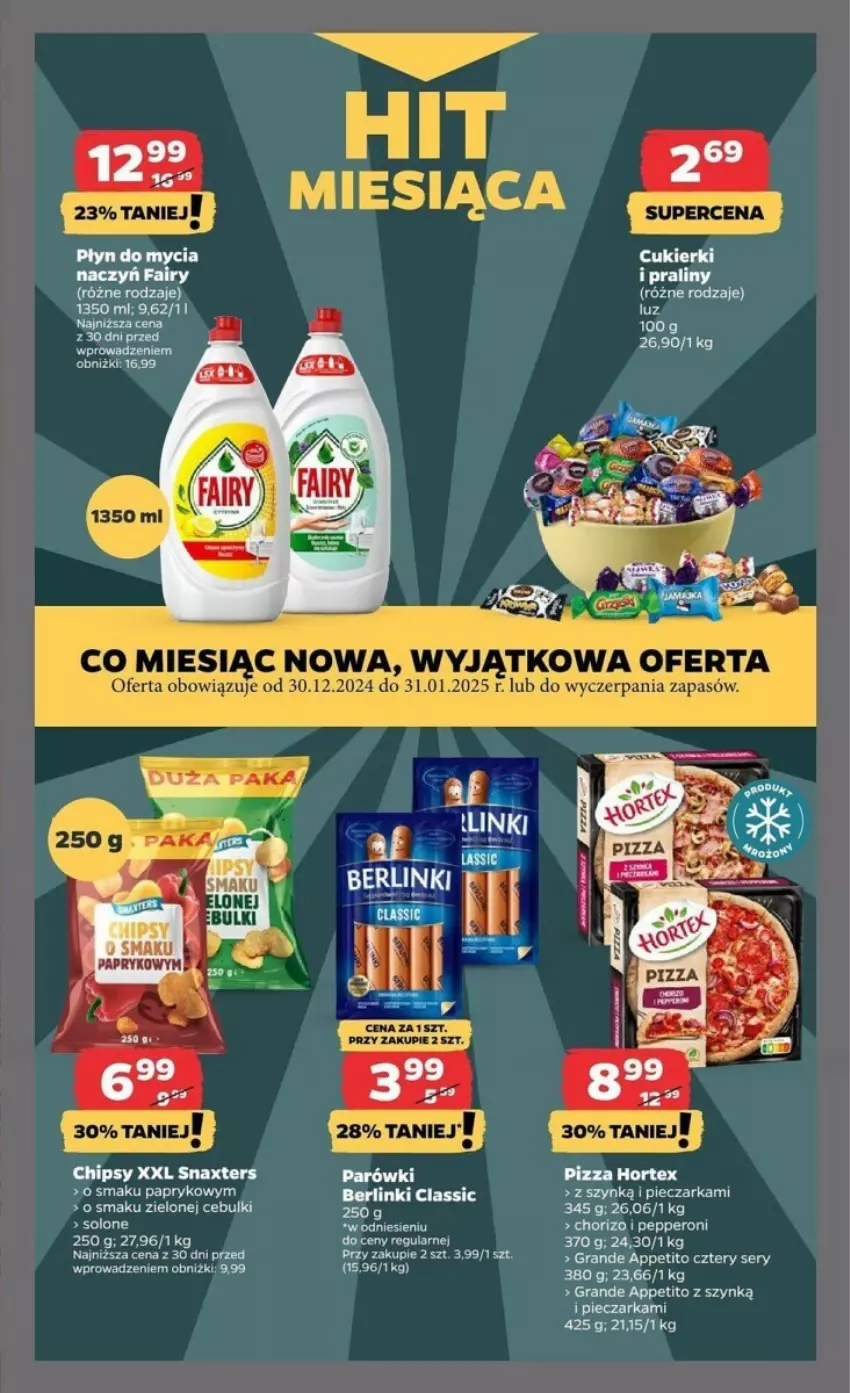 Gazetka promocyjna Netto - ważna 16.01 do 22.01.2025 - strona 9 - produkty: Berlinki, Cukier, Cukierki, Fa, Fairy, Gra, Hortex, Parówki, Piec, Pieczarka, Pizza, Płyn do mycia, Praliny