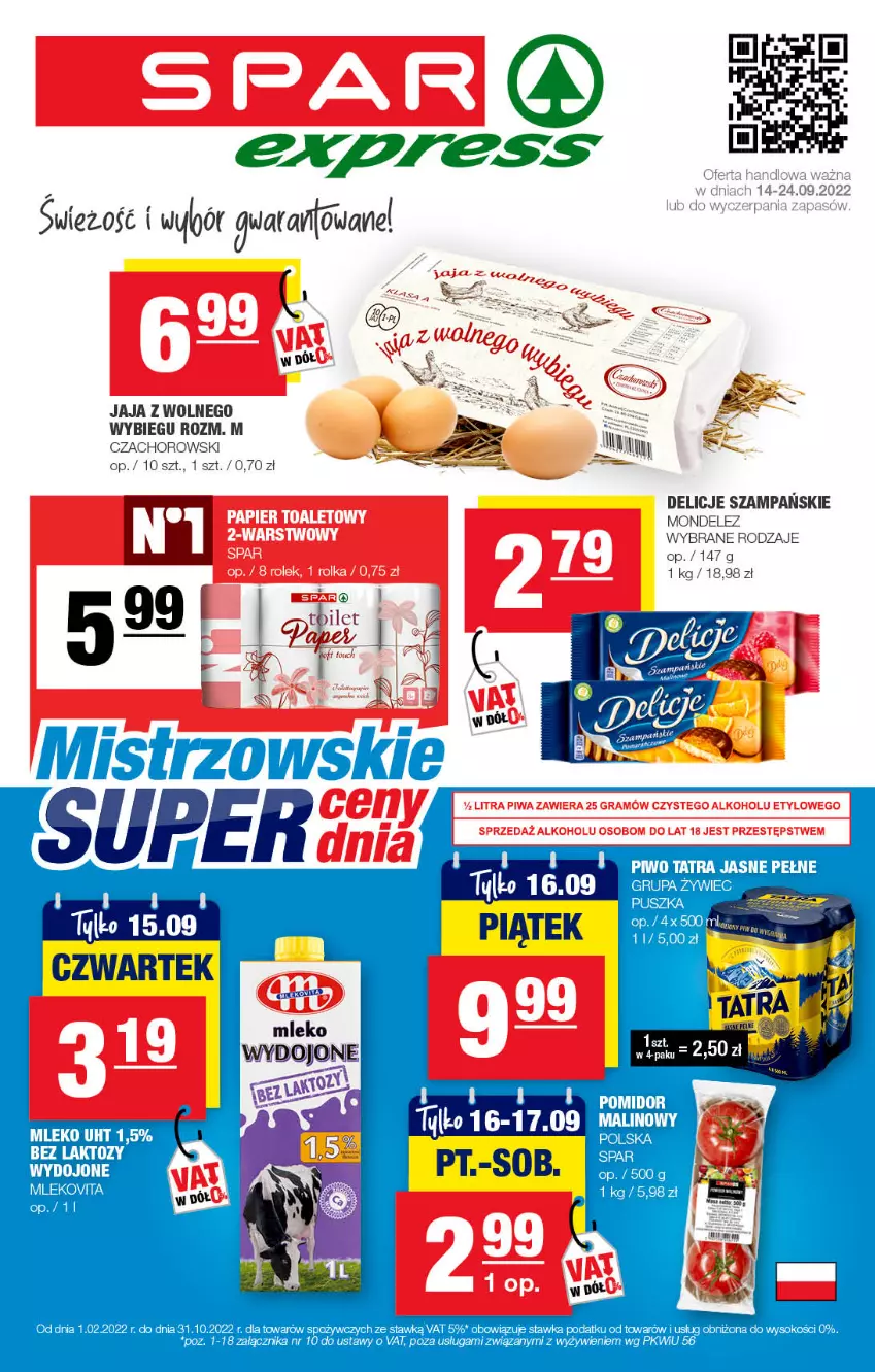 Gazetka promocyjna Spar - SparExpress - ważna 11.09 do 21.09.2022 - strona 1 - produkty: Delicje, Gra, Jaja, Mleko, Papier, Papier toaletowy, Piwa