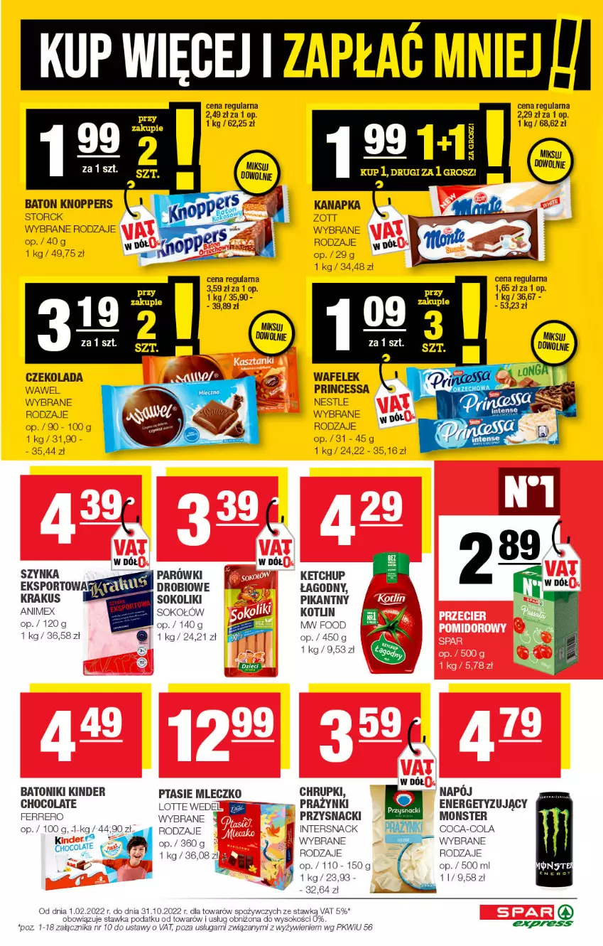 Gazetka promocyjna Spar - SparExpress - ważna 11.09 do 21.09.2022 - strona 3 - produkty: Baton, Chrupki, Coca-Cola, Czekolada, Fa, Ferrero, Ketchup, Kinder, Knoppers, Kotlin, Krakus, Mleczko, Parówki, Por, Princessa, Przysnacki, Ptasie mleczko, Sok, Sokołów, Sport, Szynka, Tonik, Wafelek, Wawel, Zott