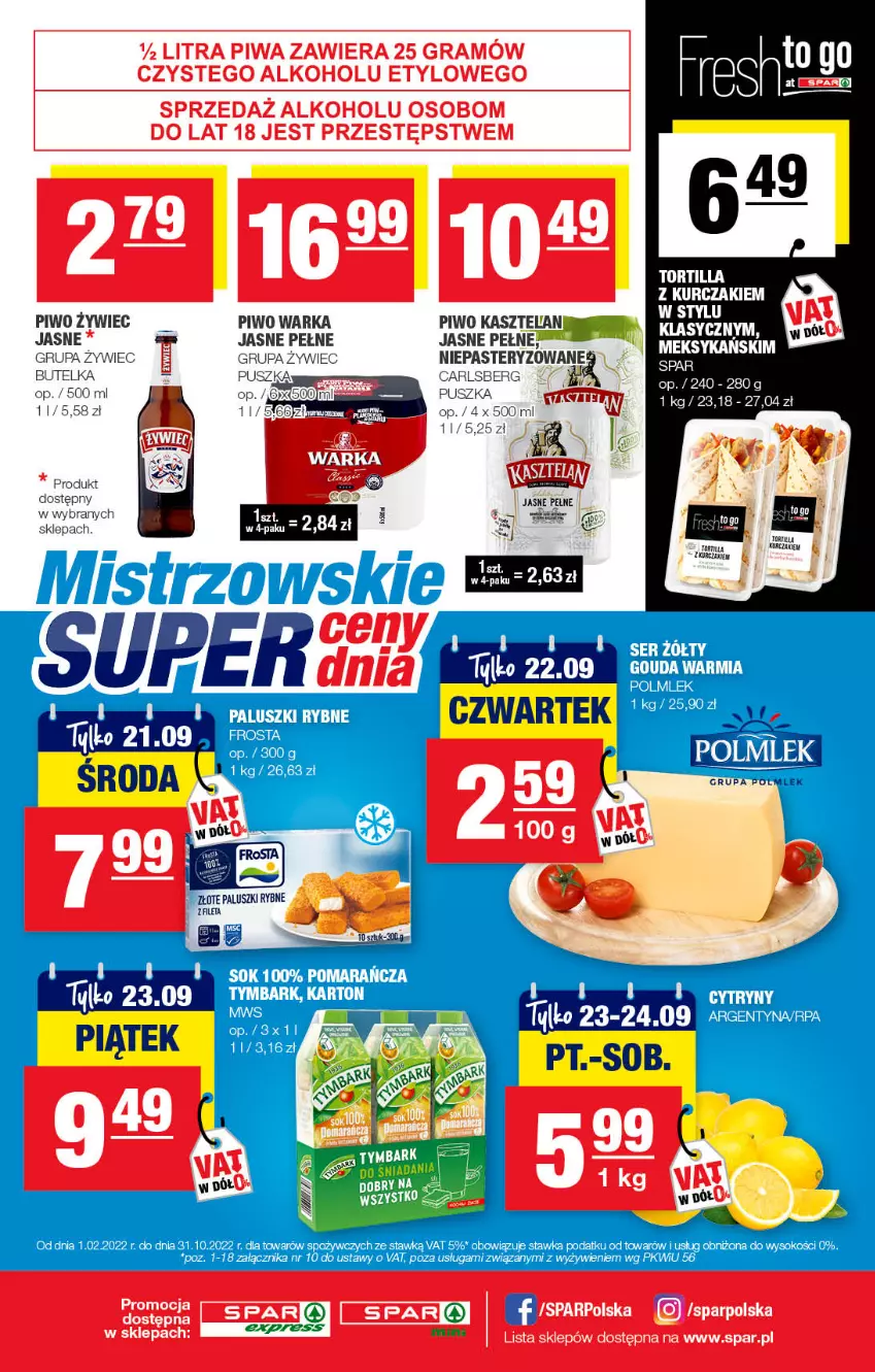 Gazetka promocyjna Spar - SparExpress - ważna 11.09 do 21.09.2022 - strona 4 - produkty: Carlsberg, Gra, Kasztelan, Kurczak, Paluszki rybne, Piwa, Piwo, Warka