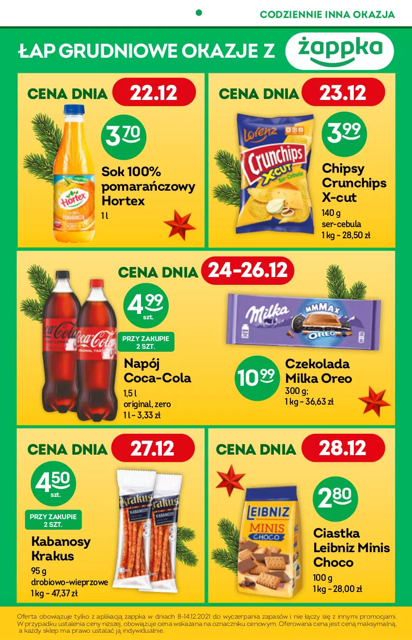 Gazetka promocyjna Żabka - ważna 22.12.2021 do 04.01.2022 - strona 3 - produkty: Cebula, Chipsy, Ciastka, Coca-Cola, Crunchips, Czekolada, Gin, Hortex, Kabanos, Krakus, Milka, Napój, Oreo, Ser, Sok