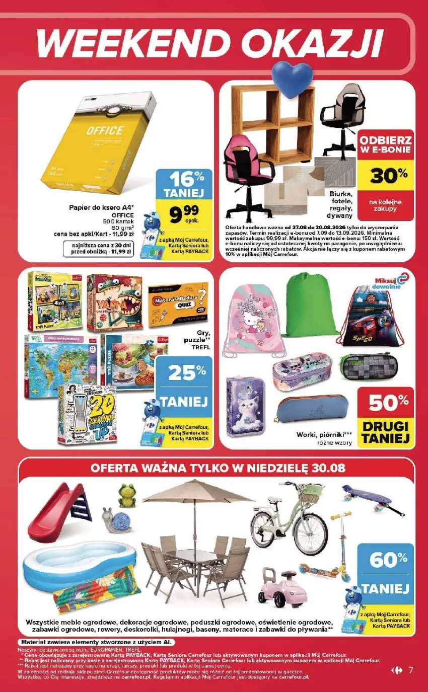 Gazetka promocyjna Carrefour - Gazetka Carrefour, Market w SUMIE od czwartku WEEKEND OKAZJI - ważna 27.08 do 30.08.2026 - strona 7 - produkty: Dywan, Fa, Fotel, Materac, Meble, Papier, Papier do ksero, Piórnik, Regał, Rolki, Rower, Ser, Tera