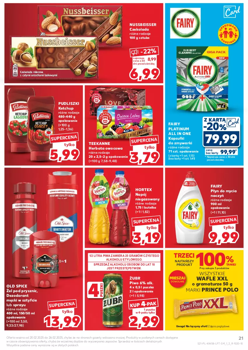 Gazetka promocyjna Kaufland - Gazetka tygodnia - ważna 20.02 do 26.02.2025 - strona 21 - produkty: Czekolada, Dezodorant, Do mycia naczyń, Fa, Fairy, Gra, Herbata, Herbata owocowa, Hortex, Ketchup, Napój, Napój niegazowany, Old Spice, Piwa, Piwo, Płyn do mycia, Płyn do mycia naczyń, Prince Polo, Pudliszki, Rama, Ser, Teekanne, Wafle, Waga, Zmywarki