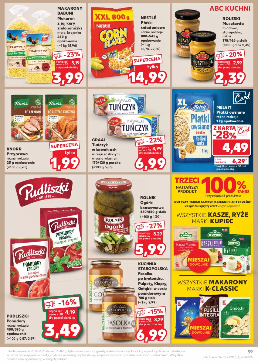 Gazetka promocyjna Kaufland - Gazetka tygodnia - ważna 20.02 do 26.02.2025 - strona 59 - produkty: Babuni, Danio, Fa, Gra, Graal, Kawa, Knorr, Kuchnia, Kuchnia Staropolska, Kupiec, Makaron, Melvit, Mus, Musztarda, Nestlé, Ogórki konserwowe, Olej, Piec, Płatki owsiane, Pomidory, Pudliszki, Pulpety, Rolnik, Ryż, Ser, Sos, Tuńczyk, Waga