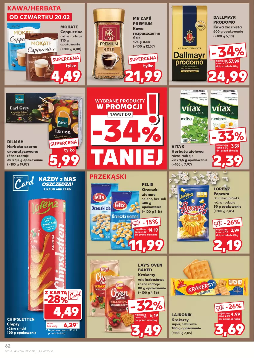 Gazetka promocyjna Kaufland - Gazetka tygodnia - ważna 20.02 do 26.02.2025 - strona 62 - produkty: Cappuccino, Chipsy, Dallmayr, Dilmah, Fa, Felix, Herbata, Herbata czarna, Kawa, Kawa rozpuszczalna, Kawa ziarnista, Krakersy, Lajkonik, Lay’s, Lorenz, Orzeszki, Orzeszki ziemne, Popcorn, Vitax