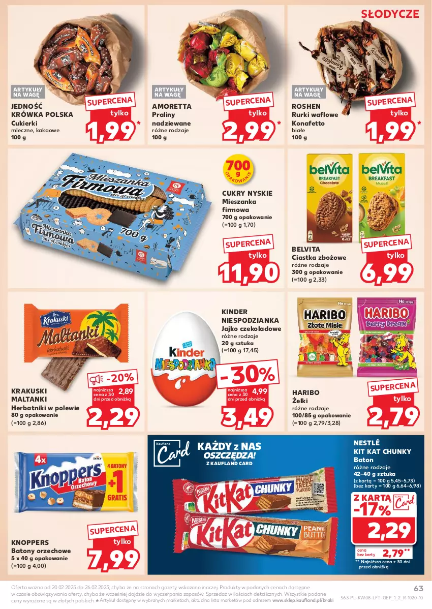 Gazetka promocyjna Kaufland - Gazetka tygodnia - ważna 20.02 do 26.02.2025 - strona 63 - produkty: Baton, BelVita, Ciastka, Cukier, Cukierki, Dres, Haribo, Herbatniki, Kakao, Kinder, Kit Kat, Knoppers, Krakus, Krakuski, Nestlé, Praliny, Rurki, Vita C