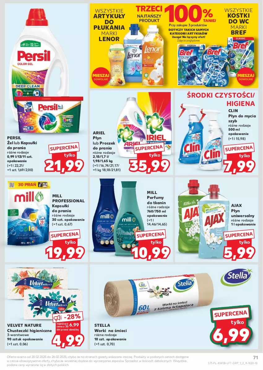 Gazetka promocyjna Kaufland - Gazetka tygodnia - ważna 20.02 do 26.02.2025 - strona 71 - produkty: Ajax, Ariel, Bref, Chusteczki, Clin, Kapsułki do prania, Lenor, Perfum, Persil, Płyn do mycia, Proszek do prania, Velvet, Waga, Worki na śmiec, Worki na śmieci