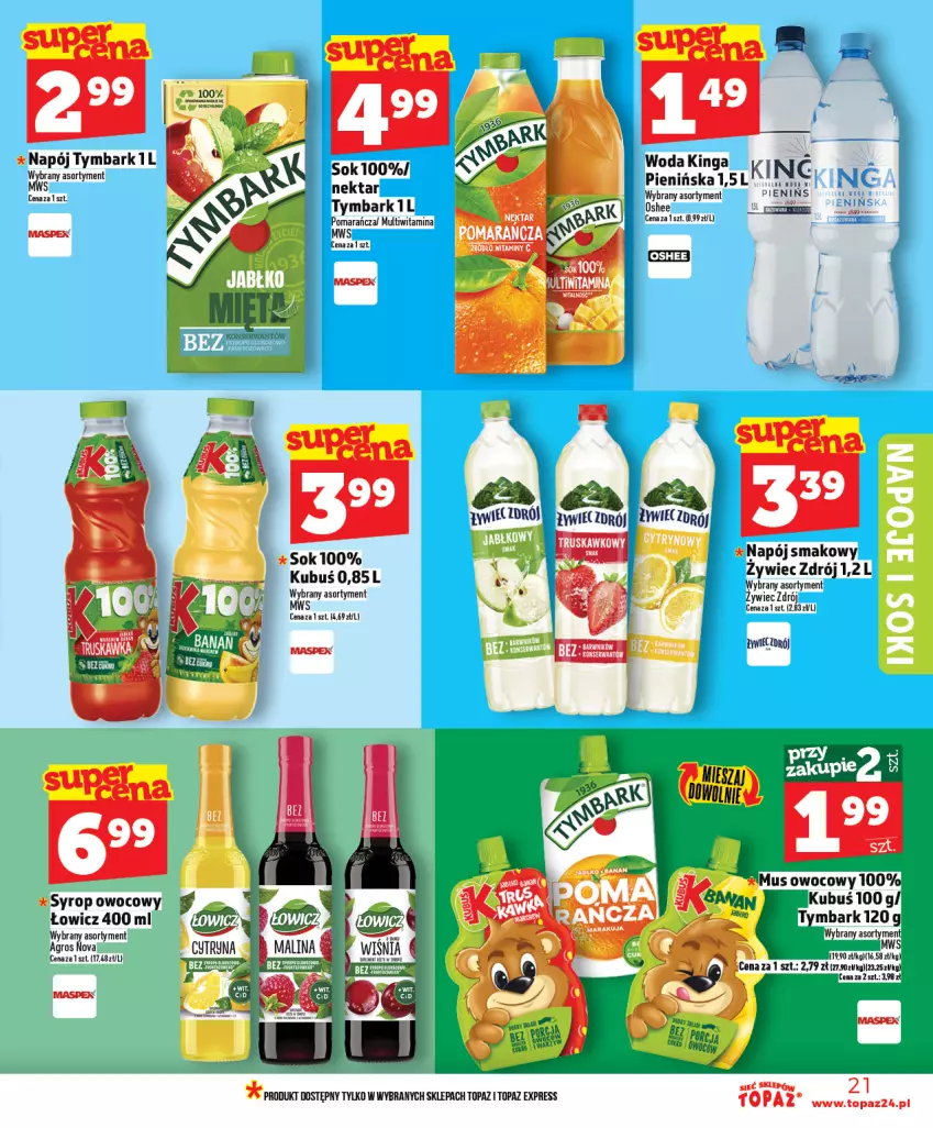 Gazetka promocyjna Topaz - Gazetka - ważna 05.02 do 11.02.2026 - strona 21 - produkty: Kaki, Kubuś, Napój, Nektar, Oshee, Ser, Syrop, Top, Tymbark, Woda