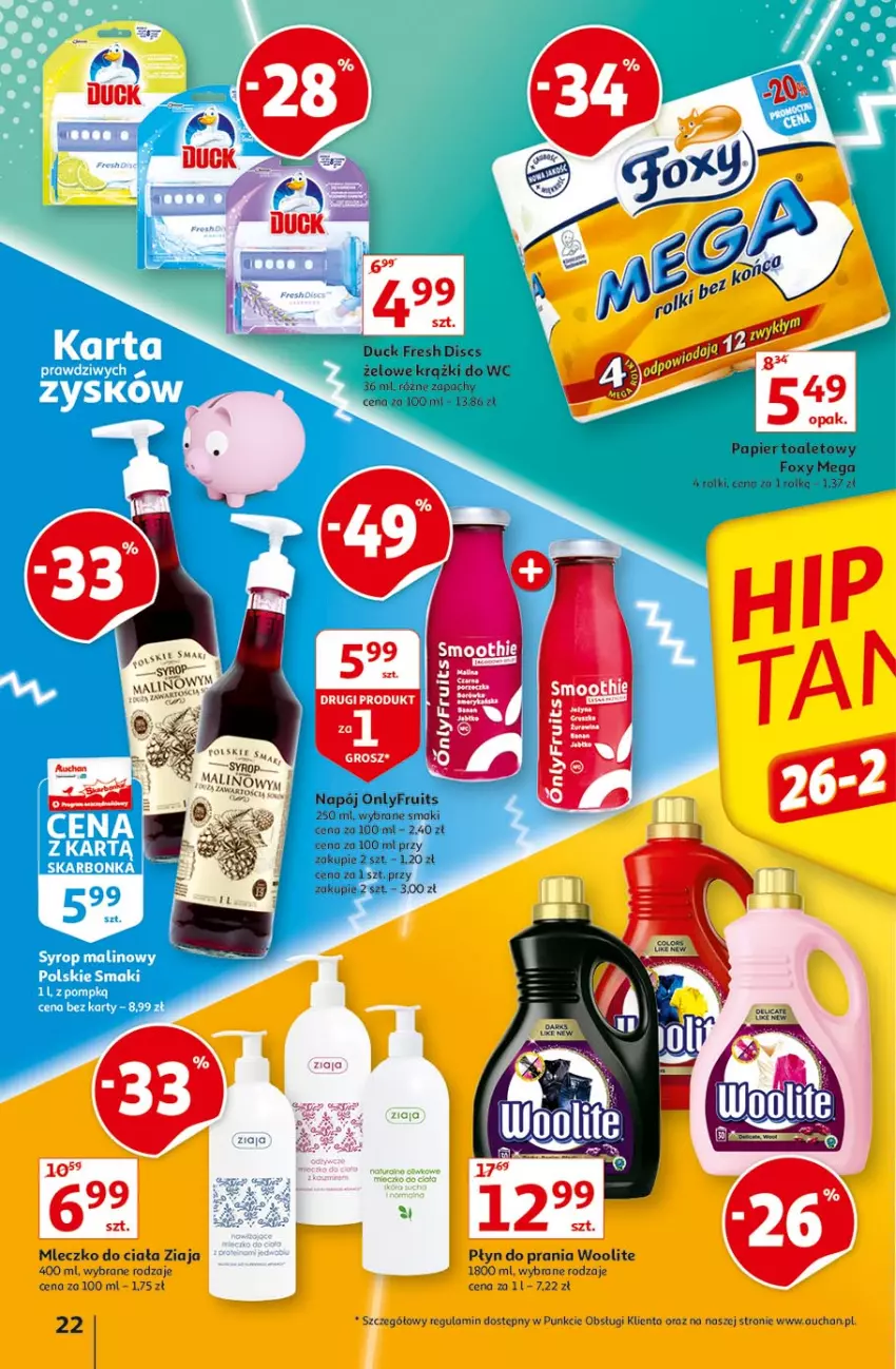 Gazetka promocyjna Auchan - Piękno z natury Hipermarkety - ważna 26.02 do 03.03.2021 - strona 22 - produkty: Duck, Foxy, Mleczko, Mleczko do ciała, Napój, Papier, Papier toaletowy, Płyn do prania, Rolki, Woolite, Ziaja