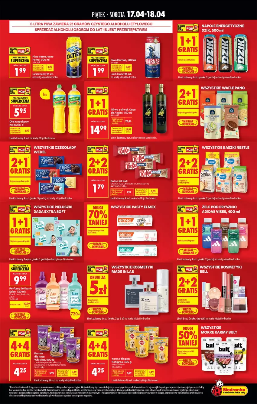 Gazetka promocyjna Biedronka - Tani Weekend - ważna 17.04 do 18.04.2026 - strona 2 - produkty: Adidas, Bell, Elmex, Fa, Flora, Gra, Kujawski, Kurczak, Oliwa, Oliwa z oliwek, Perfum, Piwa, Piwo, Sos, Wafle