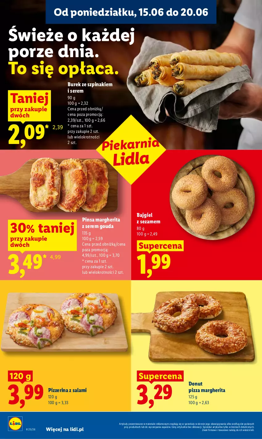 Gazetka promocyjna Lidl - Gazetka ważna od 18.06 do 20.06 - ważna 18.06 do 20.06.2026 - strona 46 - produkty: Donut, Gouda, Pizza, Pizza margherita, Pizzerina, Por, Salami, Ser, Sezam, Szpinak