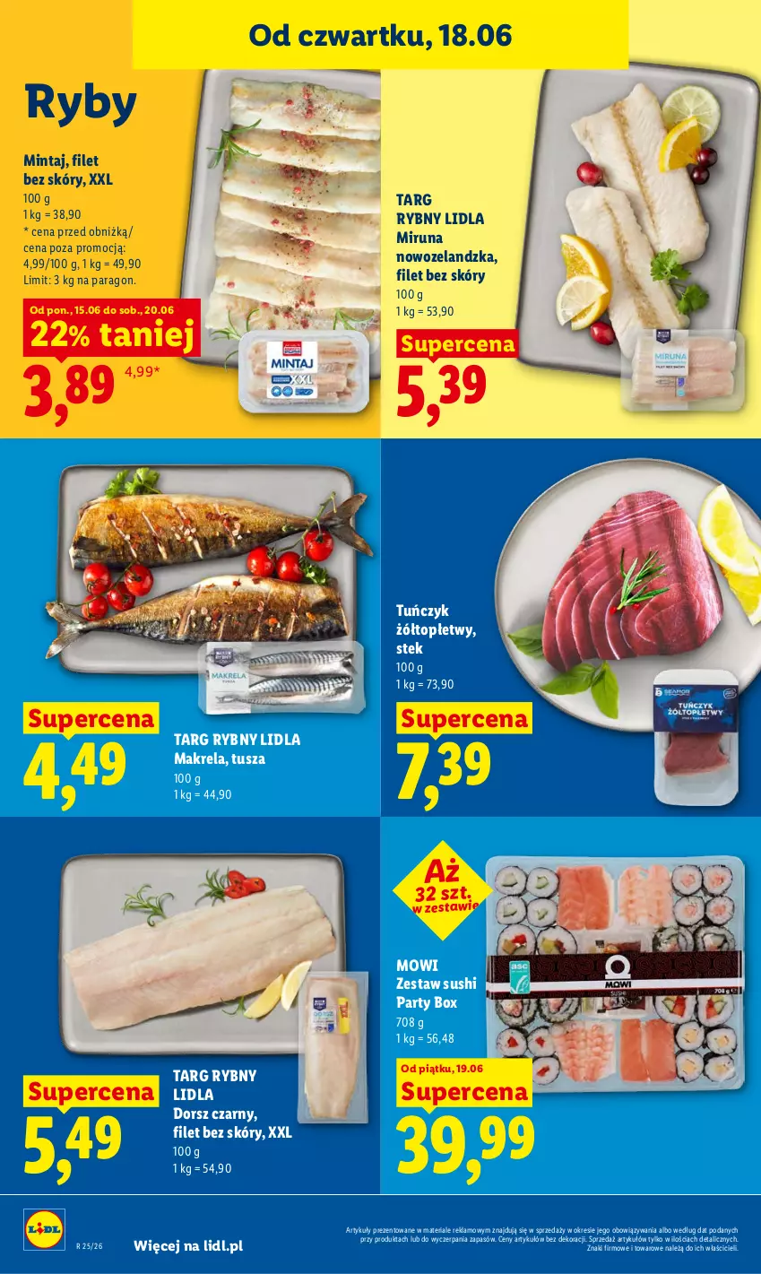 Gazetka promocyjna Lidl - Gazetka ważna od 18.06 do 20.06 - ważna 18.06 do 20.06.2026 - strona 54 - produkty: Dorsz, Mintaj, Miruna, Stek, Sushi, Top, Tuńczyk, Tusz