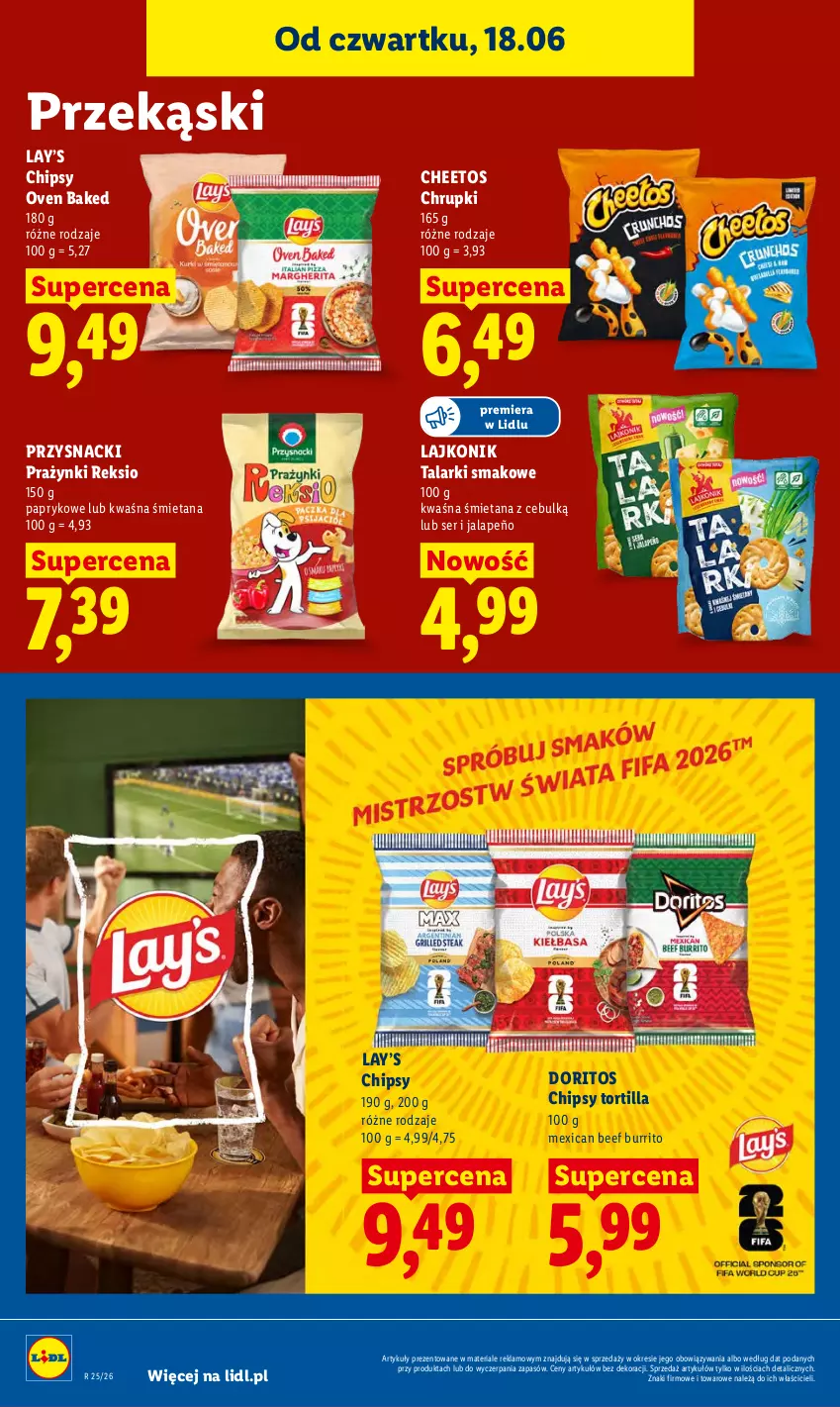 Gazetka promocyjna Lidl - Gazetka ważna od 18.06 do 20.06 - ważna 18.06 do 20.06.2026 - strona 66 - produkty: Cheetos, Chipsy, Chrupki, Lajkonik, Lay’s, Przysnacki, Ser, Tortilla