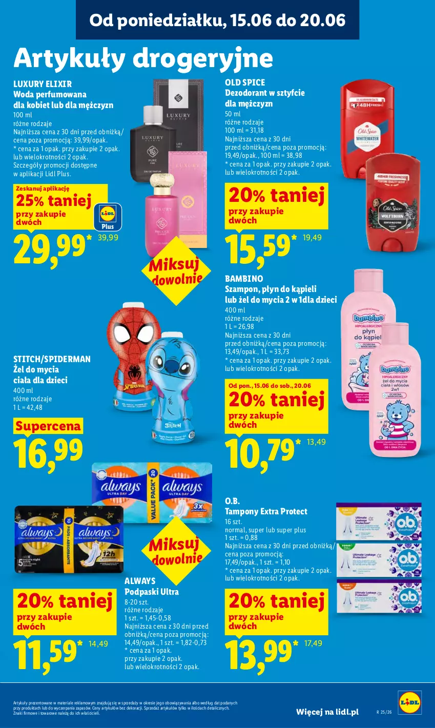 Gazetka promocyjna Lidl - Gazetka ważna od 18.06 do 20.06 - ważna 18.06 do 20.06.2026 - strona 83 - produkty: Always, Dezodorant, Dzieci, O.B., Old Spice, Perfum, Płyn do kąpieli, Podpaski, Spiderman, Szampon, Tampony, Woda, Woda perfumowana