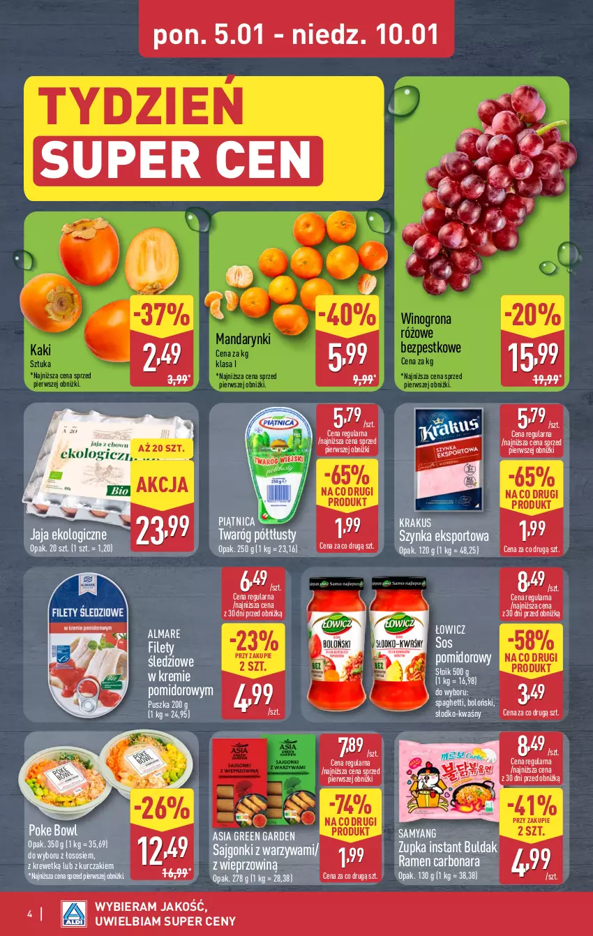 Gazetka promocyjna Aldi - Okazje weekendowe - ważna 08.01 do 10.01.2026 - strona 4 - produkty: Jaja, Kaki, Krakus, Kurczak, Mandarynki, Piątnica, Por, Sajgonki, Sos, Sos pomidorowy, Spaghetti, Sport, Szynka, Twaróg, Twaróg półtłusty, Warzywa, Wino, Winogrona