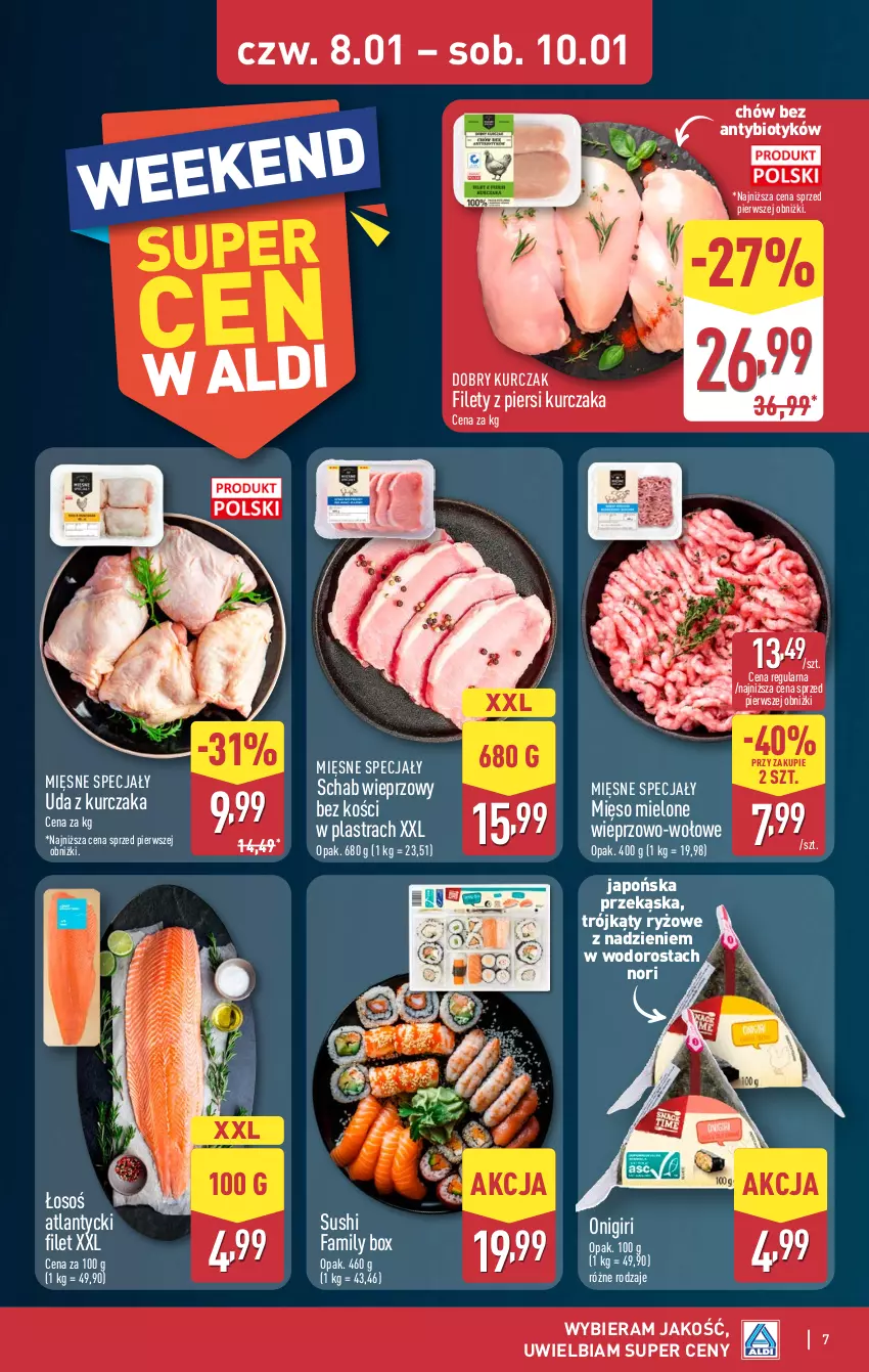 Gazetka promocyjna Aldi - Okazje weekendowe - ważna 08.01 do 10.01.2026 - strona 7 - produkty: Fa, Kurczak, Mięsne specjały, Mięso, Mięso mielone, Ryż, Schab wieprzowy, Sushi