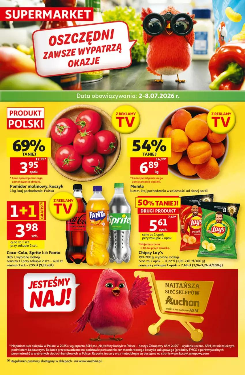 Gazetka promocyjna Auchan - 30 Lat Supermarket - ważna 02.07 do 08.07.2026 - strona 1 - produkty: Chipsy, Coca-Cola, Fa, Fanta, Kosz, Pomidor malinowy, Por, Sprite