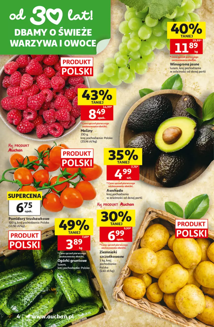 Gazetka promocyjna Auchan - 30 Lat Supermarket - ważna 02.07 do 08.07.2026 - strona 4 - produkty: Grunt, Maliny, Owoce, Warzywa, Warzywa i owoce, Wino, Winogrona, Ziemniaki