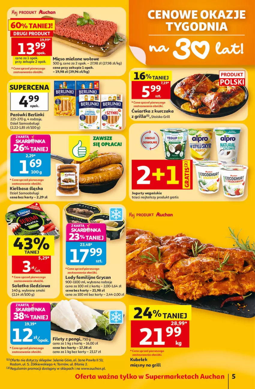 Gazetka promocyjna Auchan - 30 Lat Supermarket - ważna 02.07 do 08.07.2026 - strona 5 - produkty: Berlinki, Fa, Gra, Grill, Gry, Jogurt, Kiełbasa, Kiełbasa śląska, Kurczak, Lody, Mięso, Mięso mielone, Parówki, Sałat, Sałatka