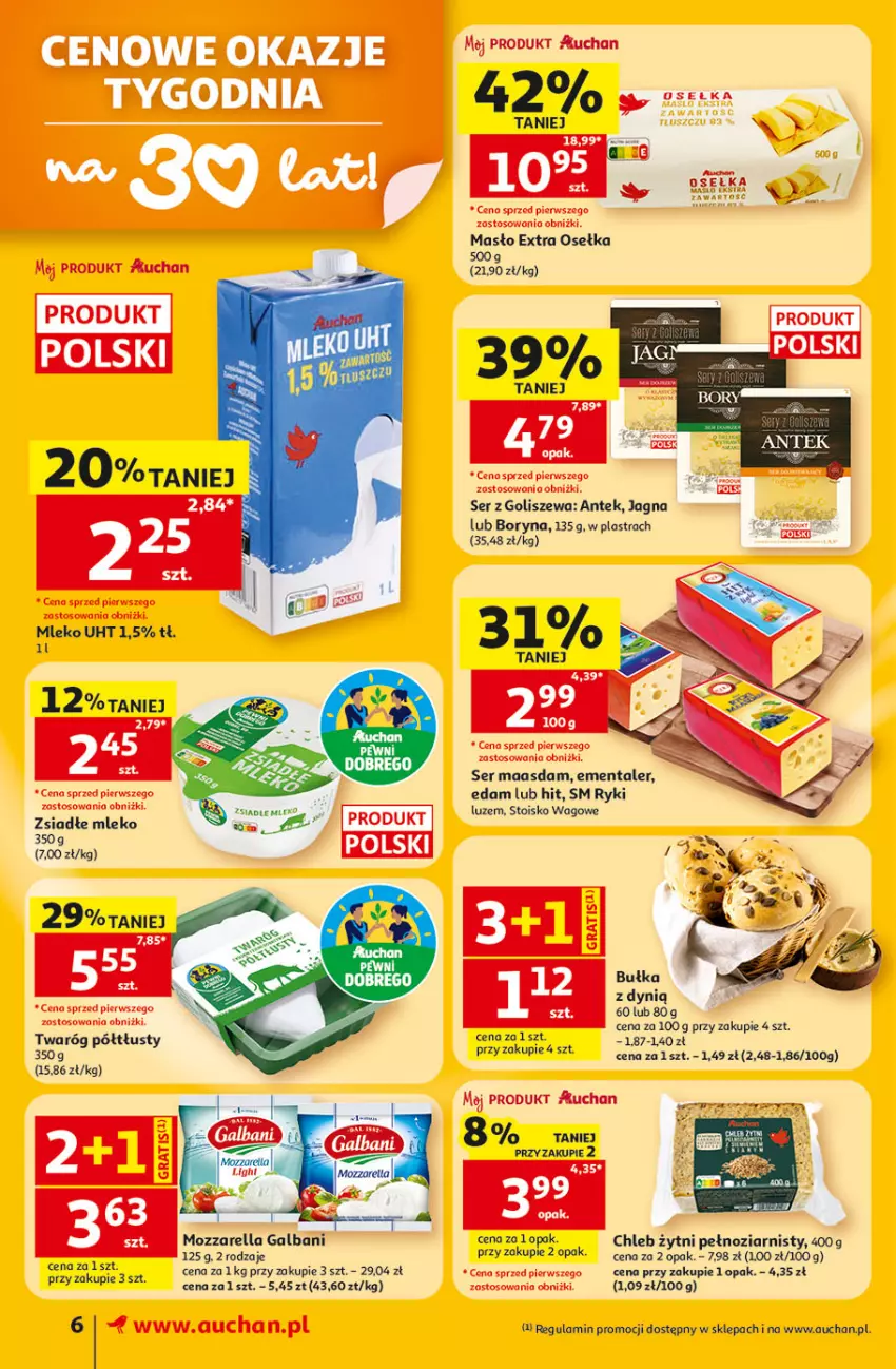 Gazetka promocyjna Auchan - 30 Lat Supermarket - ważna 02.07 do 08.07.2026 - strona 6 - produkty: Bułka, Chleb, Dynią, Edam, Ementaler, Galbani, Maasdam, Masło, Mleko, Mozzarella, Ser, Twaróg, Twaróg półtłusty