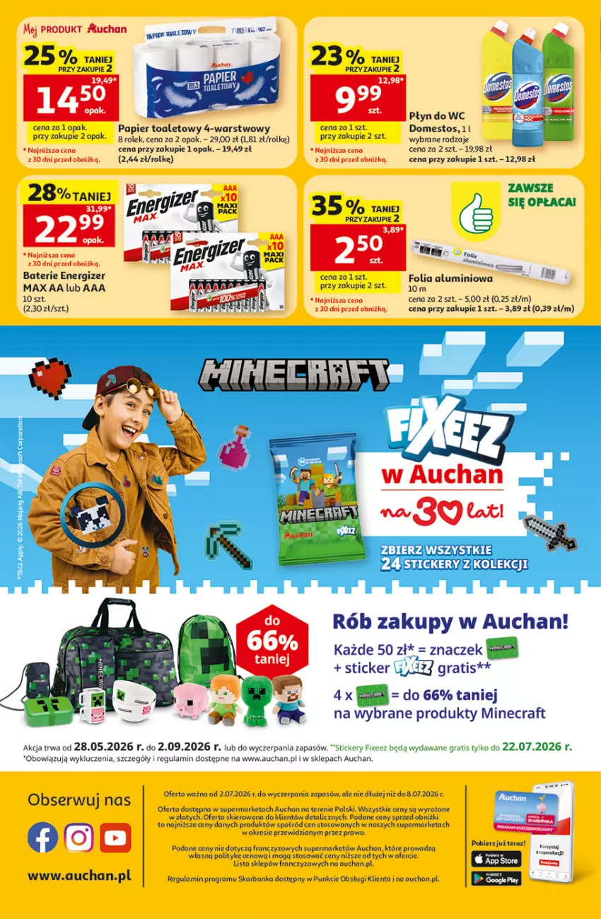 Gazetka promocyjna Auchan - 30 Lat Supermarket - ważna 02.07 do 08.07.2026 - strona 8 - produkty: Domestos, Energizer, Gra, Minecraft, Oliwa, Papier, Papier toaletowy, Płyn do wc, Ser, Tera