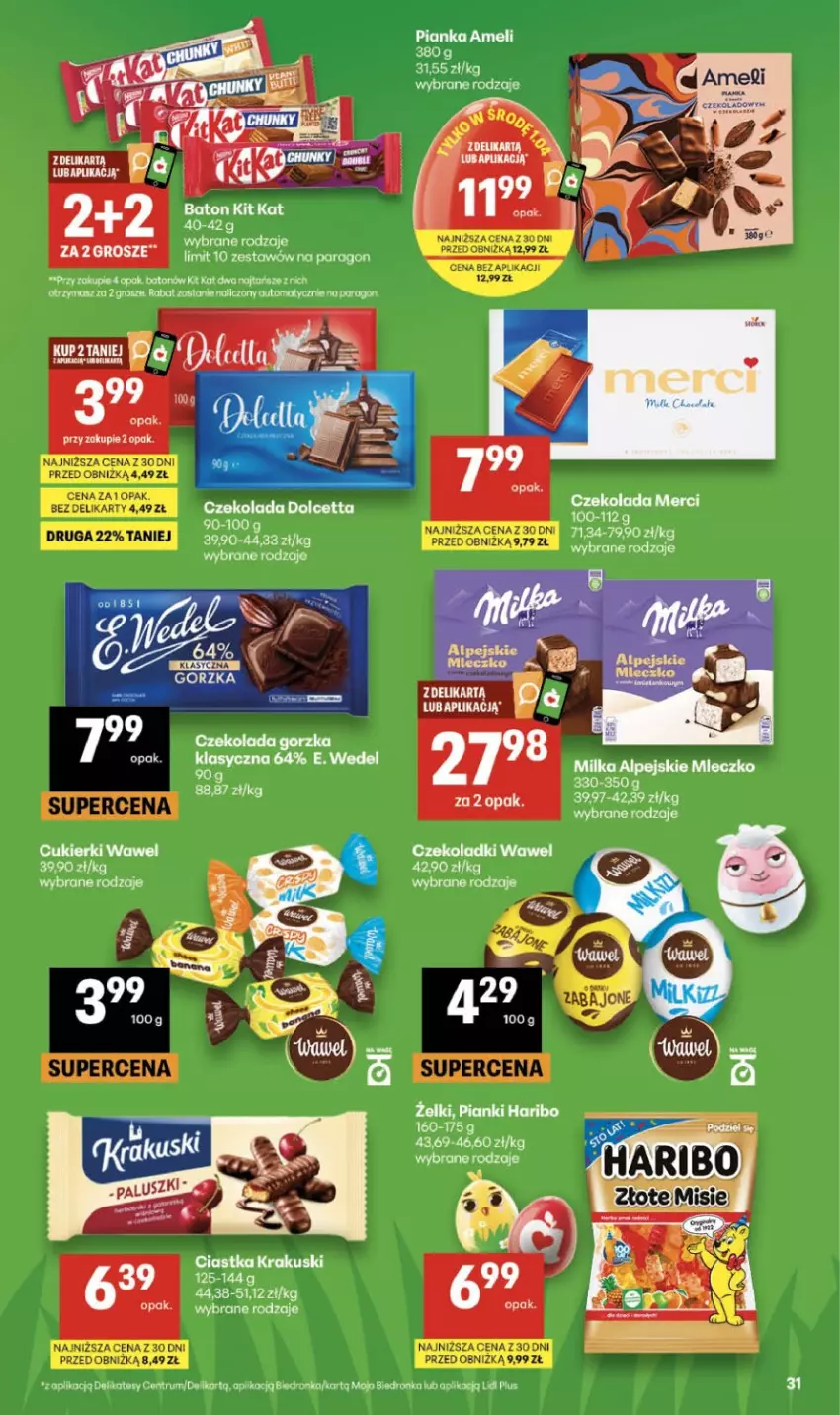 Gazetka promocyjna Delikatesy Centrum - Franczyza DC13 Czwartek - ważna 26.03 do 01.04.2026 - strona 31 - produkty: Baton, Ciastka, Cukier, Cukierki, Fa, Haribo, Kit Kat, Krakus, Krakuski, Milka, Mleczko, Rum, Wawel