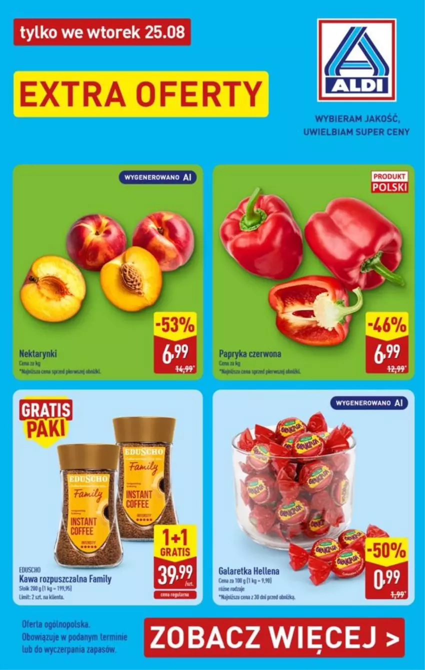 Gazetka promocyjna Aldi - Extra oferty tylko we wtorek 25.08 - ważna 25.08 do 25.08.2026 - strona 1 - produkty: Fa, Gala, Galaretka, Gra, Hellena, Kawa, Kawa rozpuszczalna, Mus, Nektar, Papryka, Papryka czerwona