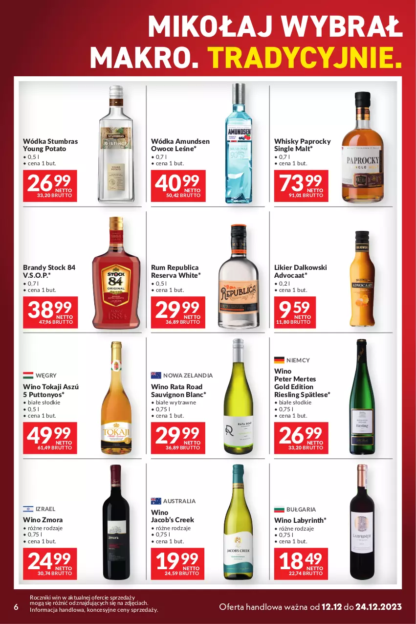 Gazetka promocyjna Makro - Mega oferty dla Twojego Sklepu - oferta z alkoholem - ważna 12.12 do 24.12.2023 - strona 6 - produkty: Advocaat, Amundsen, Brandy, Gry, Likier, Owoce, Rum, Sauvignon Blanc, Ser, Stock, Tokaji, Whisky, Wino, Wódka