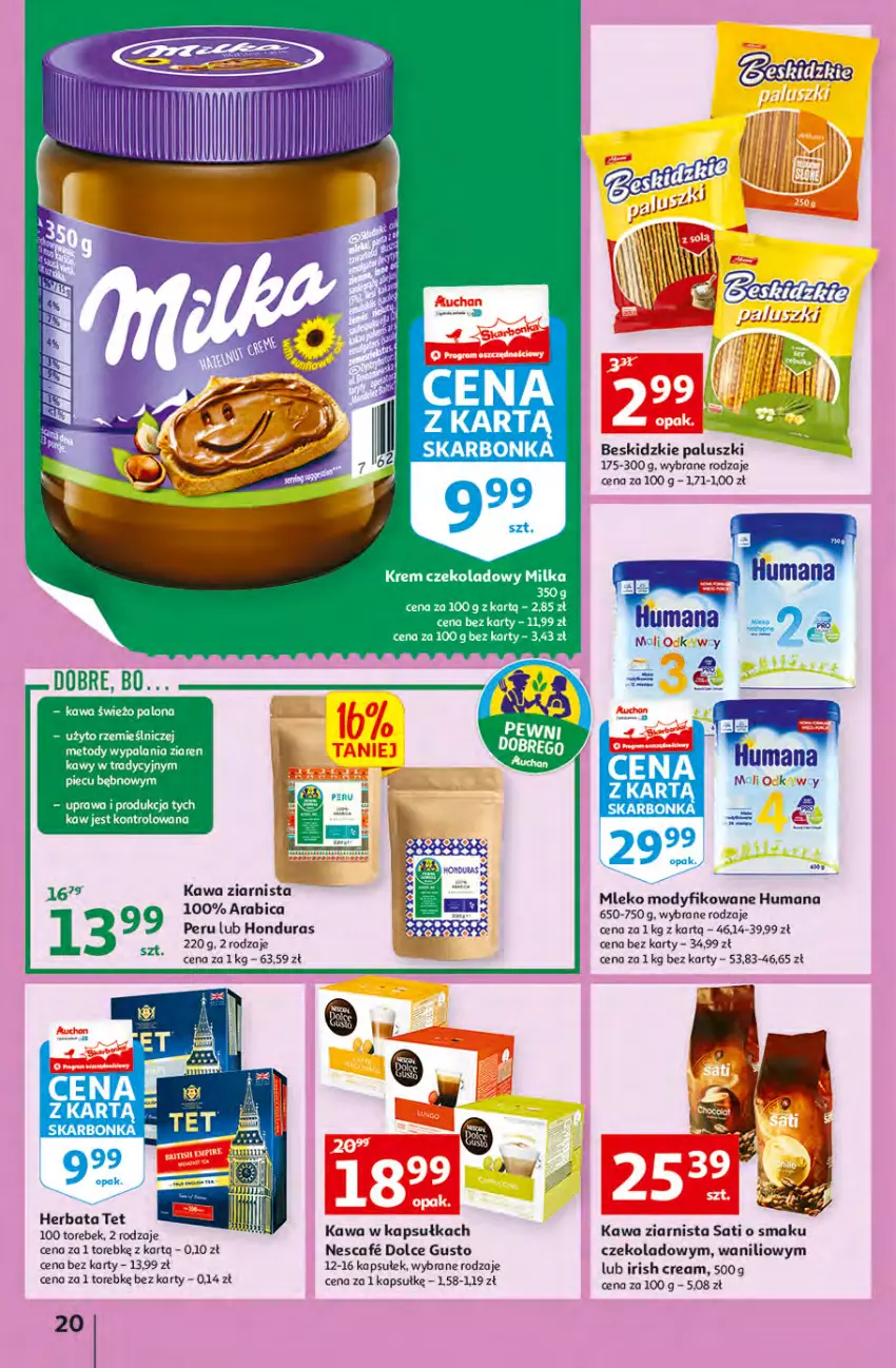 Gazetka promocyjna Auchan - przeNISKIE CENY produkty pewne przedobrego Hipermarkety - ważna 24.03 do 30.03.2022 - strona 20 - produkty: Beskidzki, Beskidzkie paluszki, BIC, Dolce Gusto, Herbata, Humana, Kawa, Kawa ziarnista, Milka, Mleko, Mleko modyfikowane, Piec, Sati