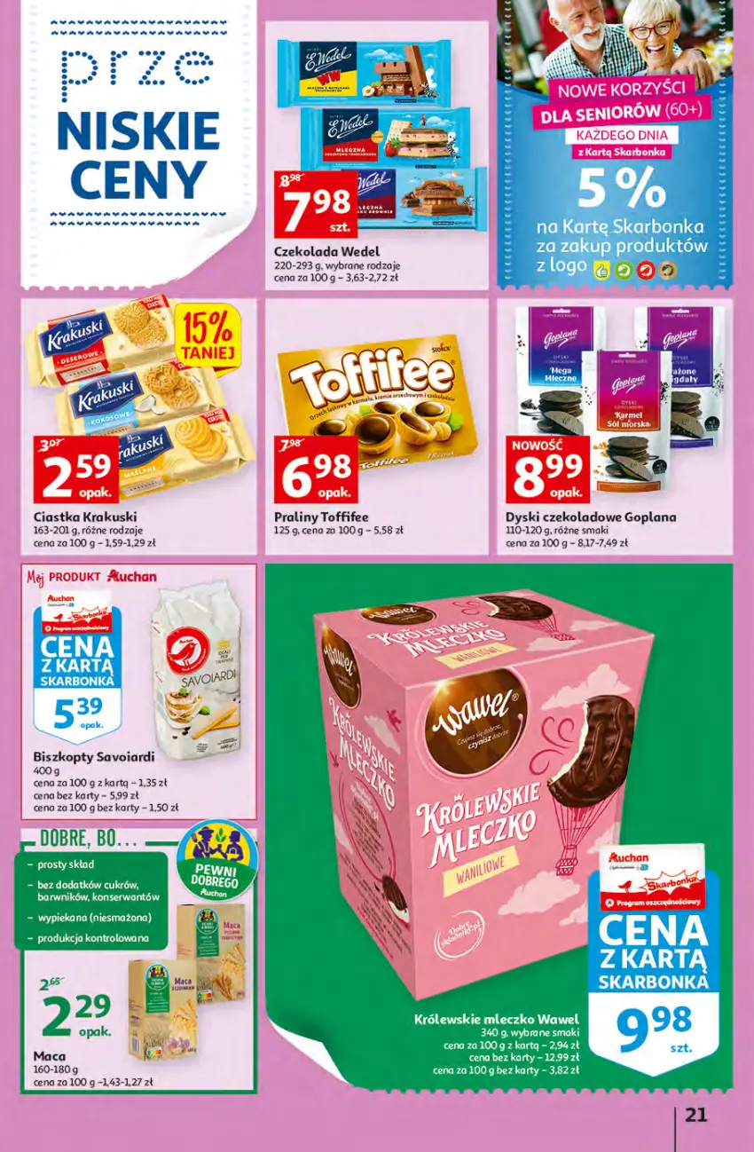 Gazetka promocyjna Auchan - przeNISKIE CENY produkty pewne przedobrego Hipermarkety - ważna 24.03 do 30.03.2022 - strona 21 - produkty: Biszkopty, Ciastka, Czekolada, Fa, Goplana, Krakus, Krakuski, Królewski, Królewskie Mleczko, LANA, LG, Mleczko, Praliny, Ryż, Toffifee, Wawel