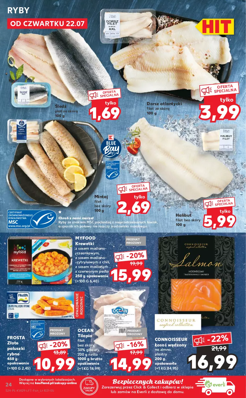 Gazetka promocyjna Kaufland - OFERTA TYGODNIA - ważna 22.07 do 28.07.2021 - strona 24 - produkty: Dorsz, Frosta, Halibut, Krewetki, Lazur, Mintaj, Paluszki rybne, Pesto, Piec, Sos, Tilapia