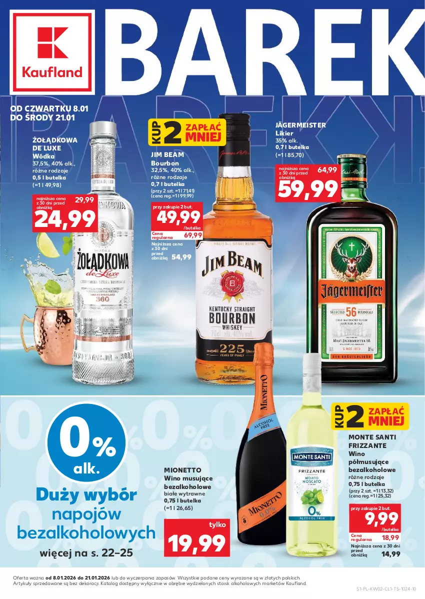 Gazetka promocyjna Kaufland - Barek Kauflandu - ważna 08.01 do 21.01.2026 - strona 1 - produkty: Bourbon, Jim Beam, Likier, Mionetto, Monte, Monte Santi, Mus, Wino, Wino musujące, Wódka