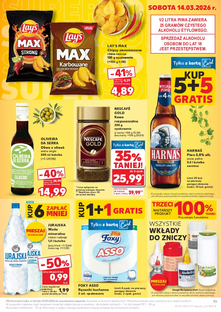 Gazetka promocyjna Kaufland - Gazetka tygodnia - ważna 12.03 do 18.03.2026 - strona 11 - produkty: Chipsy, Foxy, Gin, Gra, Harnaś, Kawa, Kawa rozpuszczalna, Lay’s, Nescafé, Oliwa, Oliwa z oliwek, Piwa, Piwo, Por, Ręcznik, Ser, Sok, Waga, Woda, Woda mineralna, Znicz
