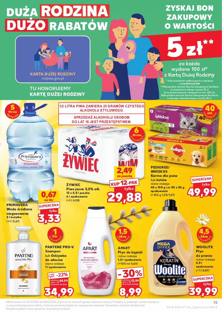 Gazetka promocyjna Kaufland - Gazetka tygodnia - ważna 12.03 do 18.03.2026 - strona 15 - produkty: Gra, Kalendarz, LANA, Odżywka, Pantene, Pedigree, Piwa, Piwo, Piwo jasne, Płyn do kąpieli, Płyn do prania, Prima, Primavera, Szampon, Whiskas, Woda, Woolite