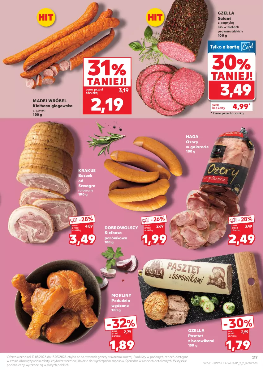Gazetka promocyjna Kaufland - Gazetka tygodnia - ważna 12.03 do 18.03.2026 - strona 27 - produkty: Boczek, Gala, Gra, Kiełbasa, Kiełbasa głogowska, Krakus, Madej Wróbel, Morliny, Pasztet, Salami, Salami z papryką