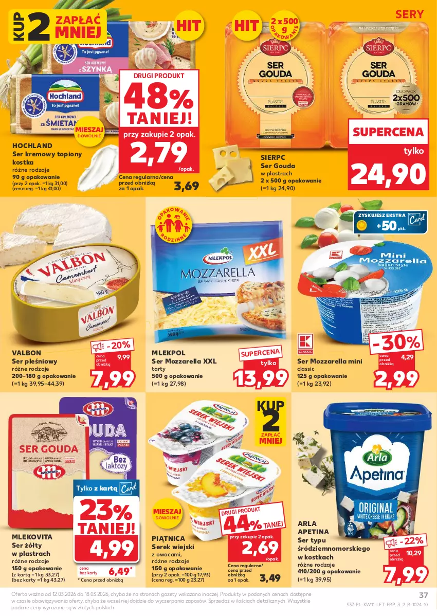 Gazetka promocyjna Kaufland - Gazetka tygodnia - ważna 12.03 do 18.03.2026 - strona 37 - produkty: Gouda, Hochland, Mleko, Mlekovita, Mozzarella, Piątnica, Ser, Ser pleśniowy, Serek, Serek wiejski, Top