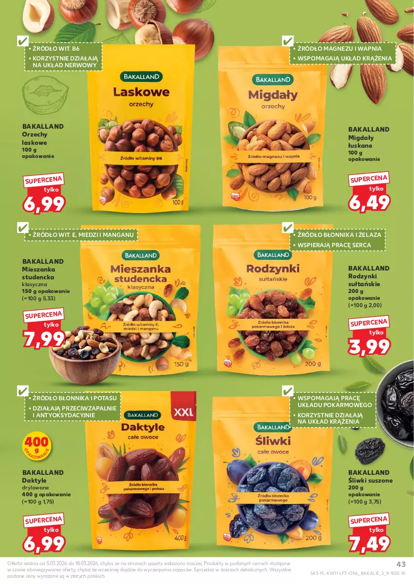 Gazetka promocyjna Kaufland - Gazetka tygodnia - ważna 12.03 do 18.03.2026 - strona 43 - produkty: Bakalland, Daktyle, Magnez, Mieszanka studencka, Migdały, Migdały łuskane, Rodzynki, Ser