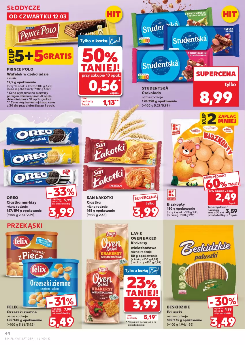 Gazetka promocyjna Kaufland - Gazetka tygodnia - ważna 12.03 do 18.03.2026 - strona 44 - produkty: Beskidzki, Beskidzkie paluszki, Biszkopty, Ciastka, Czekolada, Felix, Gra, Krakersy, Lay’s, Oreo, Orzeszki, Orzeszki ziemne, Prince Polo, Wafelek