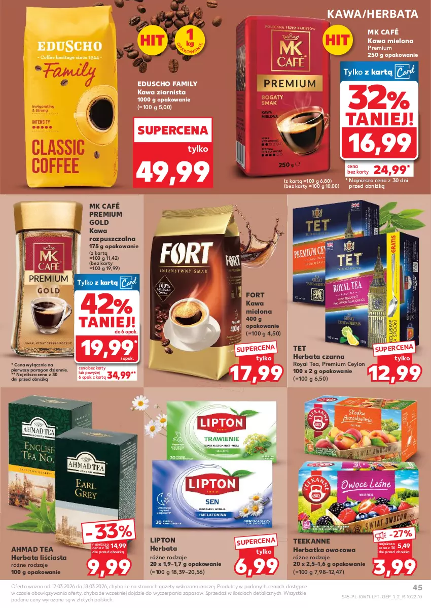 Gazetka promocyjna Kaufland - Gazetka tygodnia - ważna 12.03 do 18.03.2026 - strona 45 - produkty: Fa, Herbata, Herbata czarna, Kawa, Kawa mielona, Kawa rozpuszczalna, Kawa ziarnista, Lipton, Teekanne